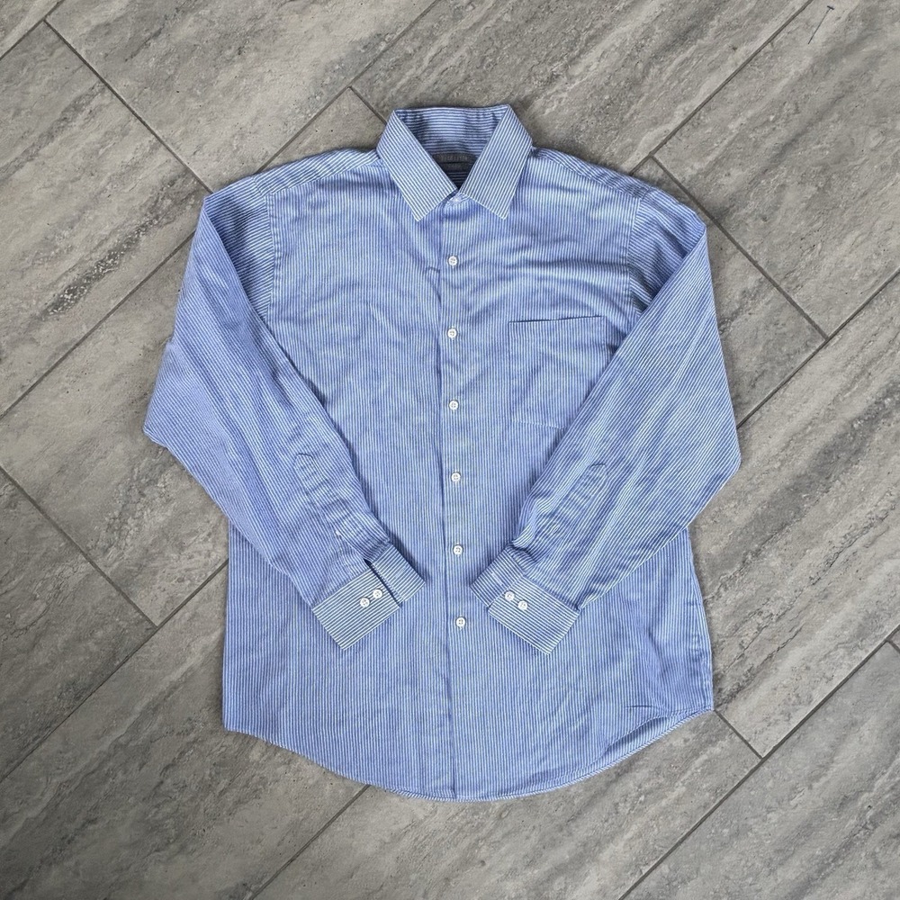 Van Heusen Men's Fitted Dress Shirt Size 16 32/33 Blue White Pin Striped
